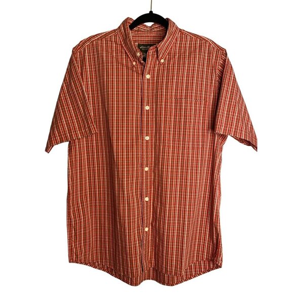 EDDIE BAUER MEN'S SHORT SLEEVE RED PLAID RELAXED FIT COTTON SHIRT SZ M - Picture 1 of 5